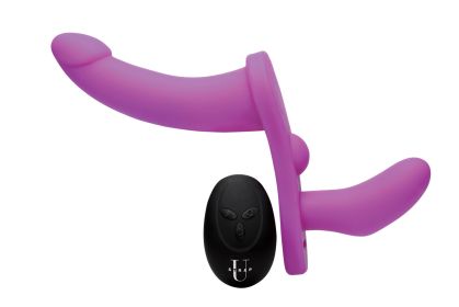 Double Take 10x Vibrating Double Penetration Adjustable Strap on Purple